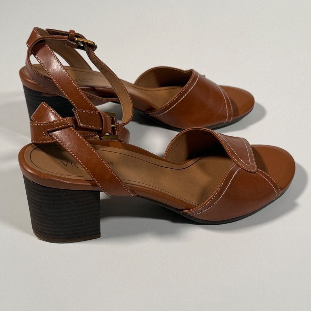 Vionic Tan Leather Block Heel Sandals Ankle Strap Boho Minimalist Brown Women 10 - Picture 2 of 9